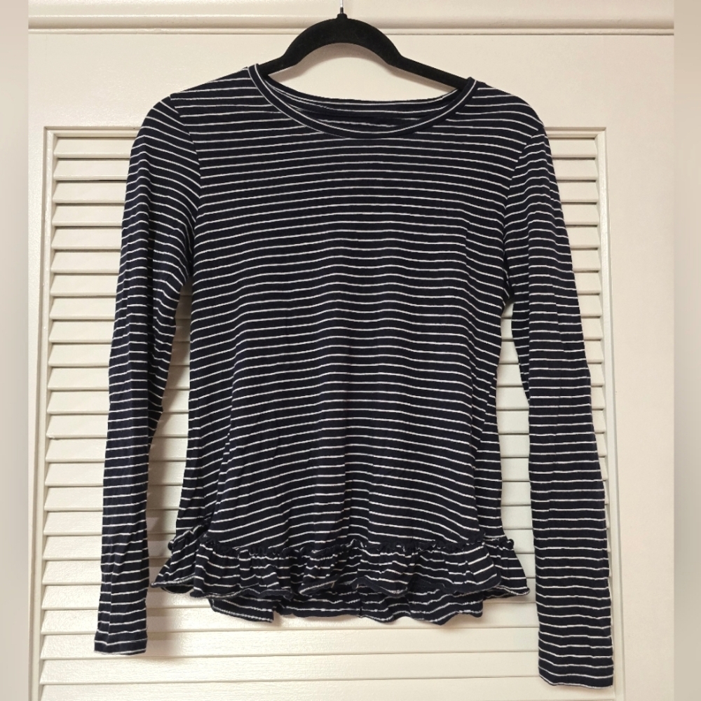 Banana Republic - Navy & White Long-Sleeve Stripe Top With Ruffle Bottom Detail